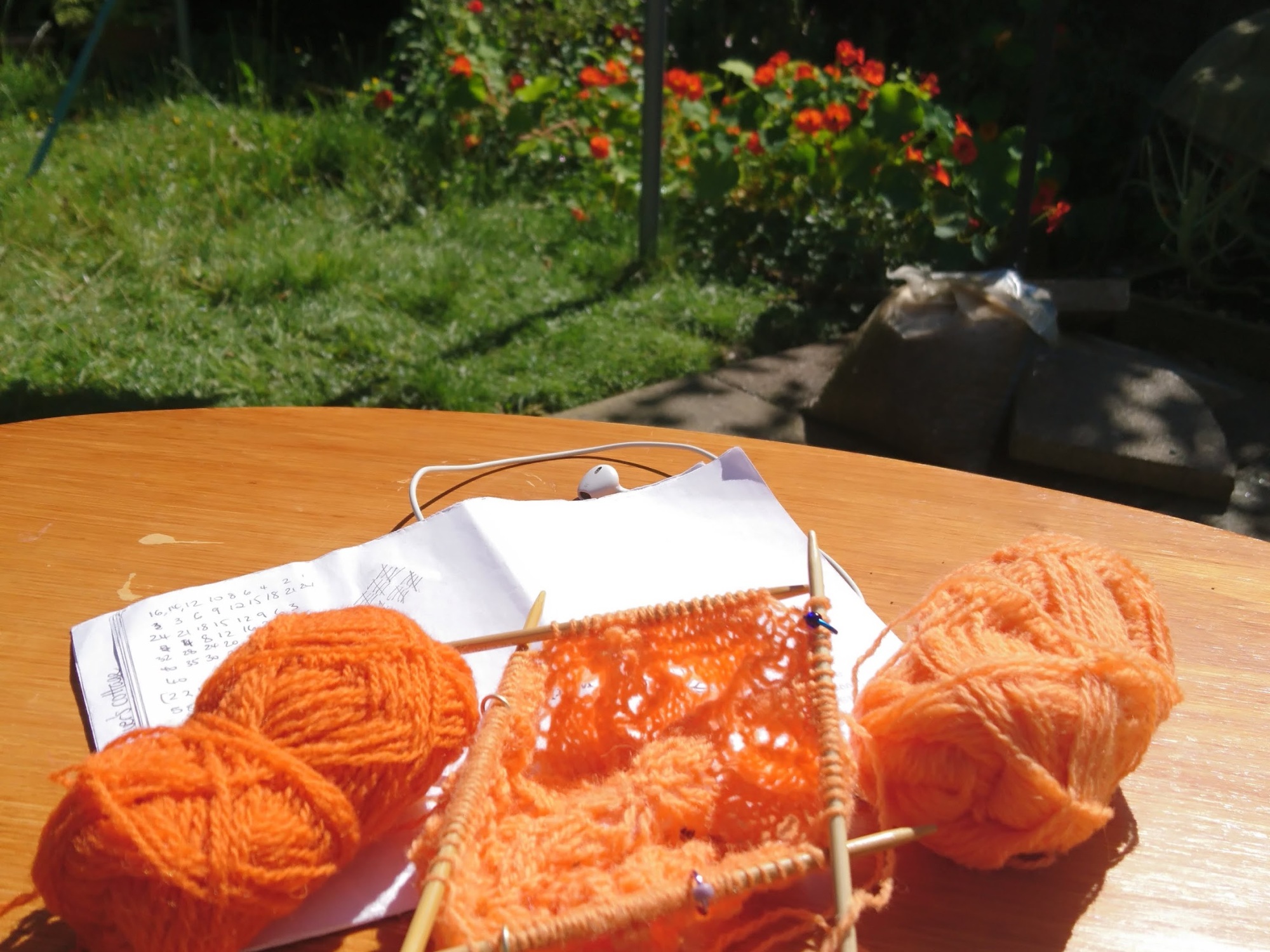 Knitting in the garden with flowers in the background