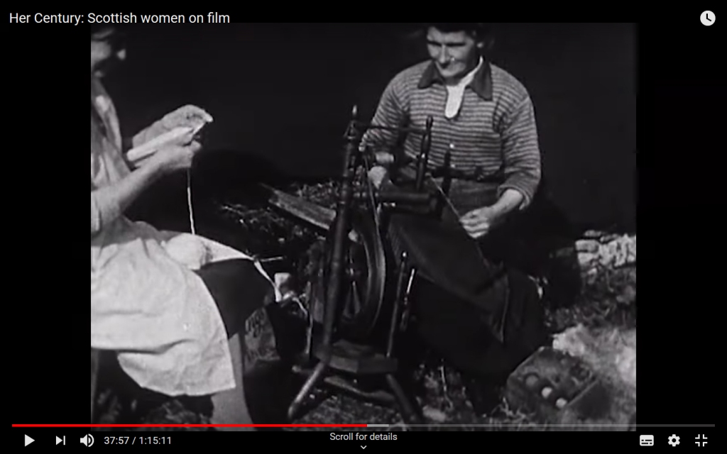 Screenshot of crofter women outside spinning wool